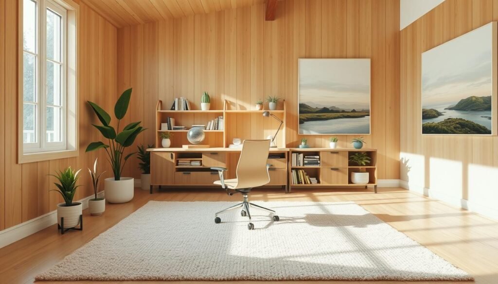 A serene home office with a calming color palette of soft, muted tones. The space is bathed in warm, natural lighting that filters through large windows, casting a gentle glow on the wood-paneled walls and plush, textured area rug. In the foreground, a minimalist wooden desk and ergonomic chair sit atop the rug, creating a harmonious, zen-like atmosphere. Potted plants and a small water feature on the desk add subtle pops of greenery and the soothing sound of trickling water. The middle ground features bookshelves with carefully curated titles, while the background showcases a large, abstract landscape artwork that ties the entire room together with its calming color scheme.