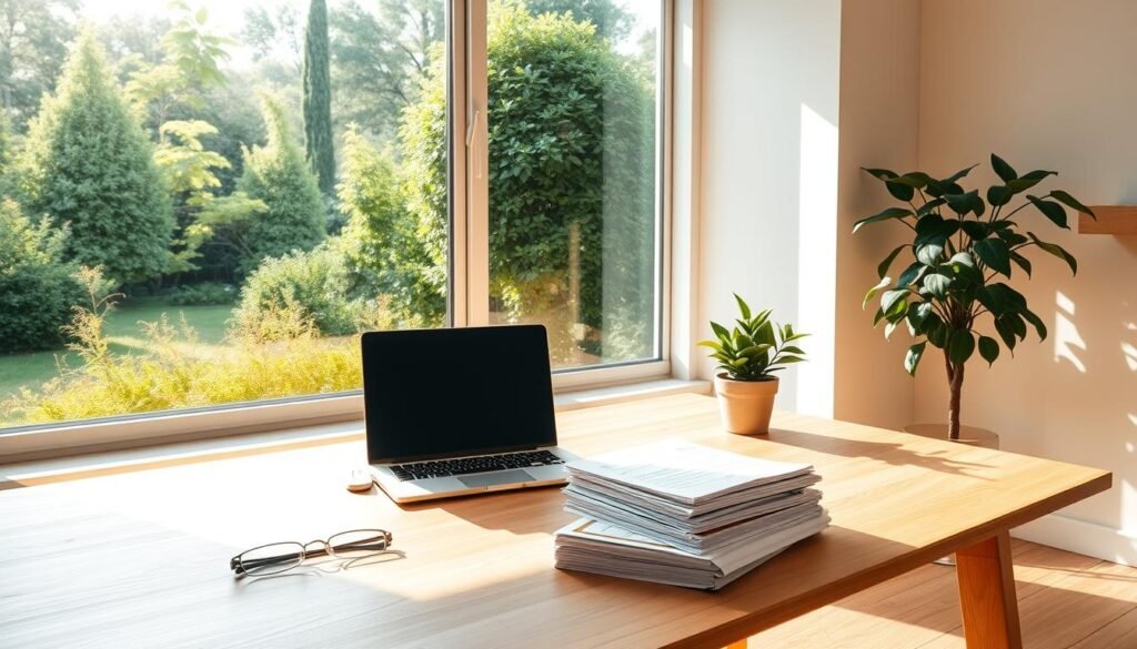 A serene, minimalist home office with a large window overlooking a lush, verdant garden. Sunlight streams in, casting a warm, golden glow over a simple wooden desk, a sleek laptop, and a potted plant. On the desk, a stack of financial documents and a pair of reading glasses, symbolizing the pursuit of financial independence. The room exudes a sense of calm and focus, encouraging contemplation and smart financial decision-making.