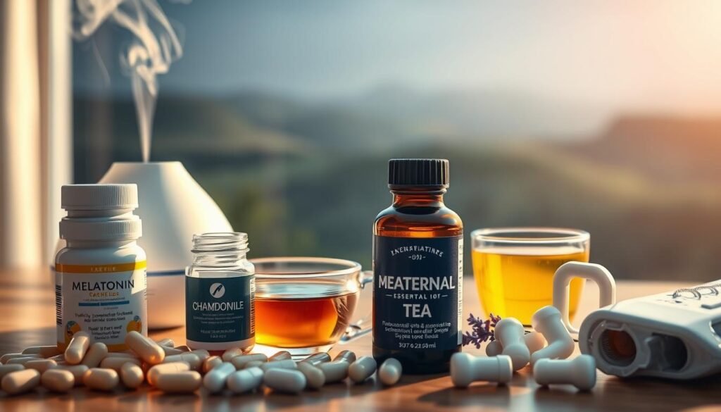 A serene still-life arrangement of various sleep aids and supplements, bathed in warm, natural lighting. In the foreground, a collection of melatonin capsules, chamomile tea, and a small bottle of lavender essential oil. In the middle ground, a diffuser emitting gentle wisps of aromatic steam, and a set of earplugs. In the background, a soothing landscape of rolling hills and a tranquil night sky, creating a calming, restorative atmosphere. The overall composition exudes a sense of relaxation and wellness, inviting the viewer to explore the role of natural remedies in achieving better sleep.
