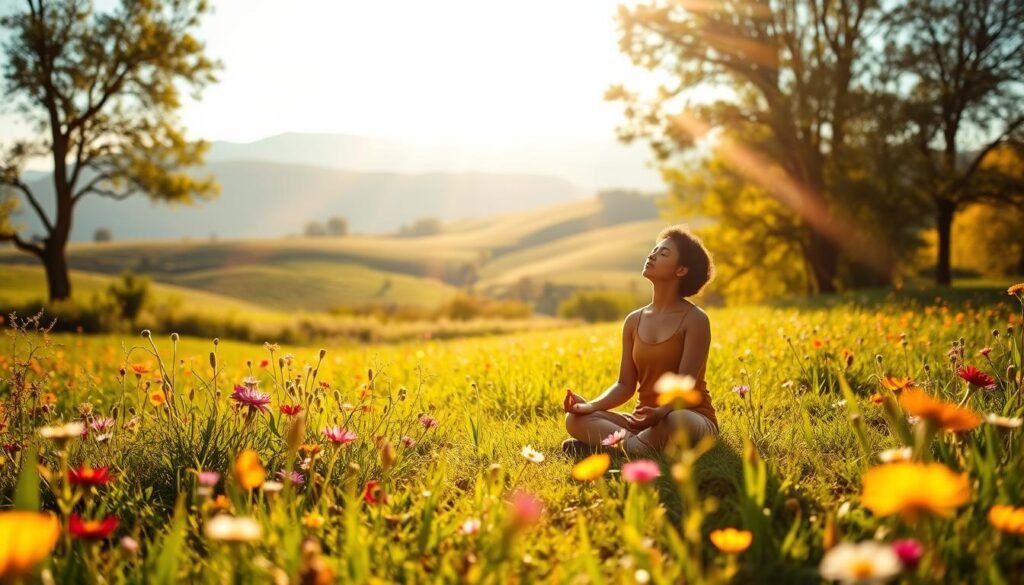 A serene, sun-dappled meadow, lush with vibrant wildflowers and rolling hills in the distance. In the foreground, a figure sits cross-legged, eyes closed in meditative focus, surrounded by an aura of calm determination. Beams of warm, golden light filter through the trees, casting a hopeful glow on the scene. The overall atmosphere exudes a sense of inner peace, strength, and the unwavering resolve to conquer the debt-free journey ahead. Captured with a wide-angle lens and shallow depth of field, creating a dreamlike, inspirational visual.