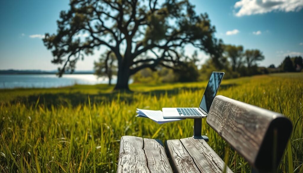A serene, sun-dappled meadow, the lush green grass gently swaying in a light breeze. In the foreground, a worn wooden bench, its weathered surface a testament to the passage of time. Perched atop the bench, a laptop and a stack of financial documents, symbols of the FIRE (Financial Independence, Retire Early) movement. In the middle ground, a lone oak tree, its branches casting a dappled pattern of light and shadow. In the distance, a tranquil lake reflects the azure sky, a metaphor for the financial freedom and peace of mind sought by those pursuing the FIRE lifestyle. The scene is imbued with a sense of calm and clarity, inviting the viewer to envision a life of financial independence and early retirement.