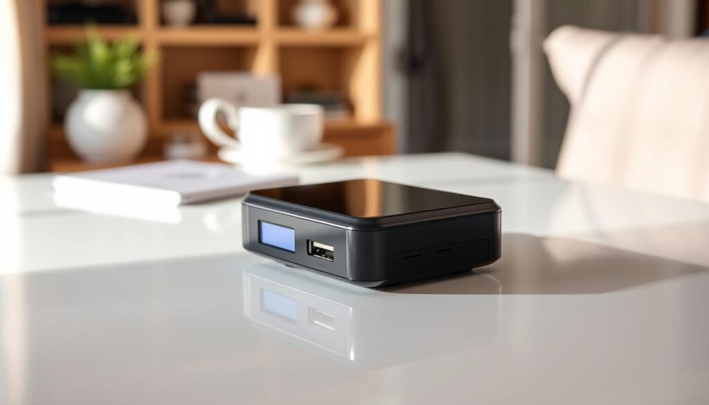 A sleek and modern mobile hotspot device, gleaming under crisp studio lighting. Positioned prominently on a clean, minimal tabletop, with a blurred background hinting at a cozy, well-appointed workspace - the perfect setup for a digital nomad seeking reliable connectivity on the go. The hotspot's display and ports are clearly visible, showcasing its intuitive interface and versatile functionality. Subtle reflections on the device's surface add depth and a sense of high-quality craftsmanship. The overall composition conveys a sense of efficiency, mobility, and the seamless integration of technology into the digital nomad lifestyle.