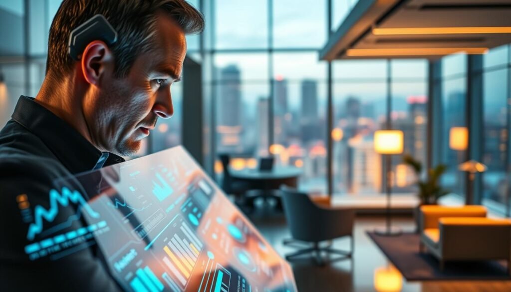 A sleek, futuristic control panel glows with AI-powered analytics, displaying real-time marketing metrics and insights. In the foreground, an executive studies the dynamic data visualizations, their brow furrowed in concentration. The middle ground features modular panels that showcase the latest AI-driven marketing tools, each with intuitive interfaces and predictive algorithms. The background blurs into a high-tech office setting, with minimalist furniture and floor-to-ceiling windows overlooking a bustling cityscape. Warm, directional lighting casts a subtle glow, creating a sense of focus and productivity. The overall atmosphere conveys the power of AI to revolutionize digital marketing, empowering professionals to make data-driven decisions and optimize their strategies.