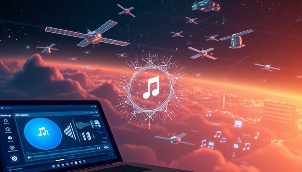 A sleek, futuristic music distribution platform powered by AI algorithms. In the foreground, an intuitive interface showcases personalized music recommendations based on user preferences and listening habits. In the middle ground, a visual representation of the AI's neural networks analyzes and categorizes a vast catalog of musical genres, styles, and artists. In the background, a network of satellites and servers seamlessly distribute high-quality audio files to users around the world. The scene is bathed in a warm, ambient glow, conveying a sense of technological sophistication and musical harmony.