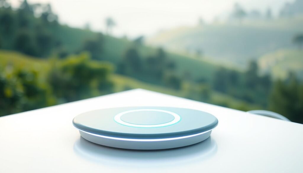 A sleek, futuristic wireless charging pad emits a warm, ethereal glow, resting atop a minimalist white surface. Surrounding it, a softly blurred background depicts a lush, verdant landscape with trees and rolling hills, conveying a sense of harmony and environmental sustainability. The lighting is soft and diffused, creating a tranquil, serene atmosphere. The image should highlight the efficient, eco-friendly nature of wireless charging technology, showcasing its seamless integration with nature and its potential to reduce environmental impact.