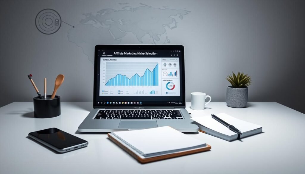 A sleek, minimalist desktop setup with a laptop, smartphone, and notepad. The laptop screen displays a graph and data visualizations, representing the analytical aspect of affiliate marketing niche selection. A stylized world map in the background symbolizes the global reach of online business. Soft, directional lighting illuminates the scene, creating a professional, focused atmosphere. The composition is balanced, with the essential elements arranged in a visually appealing manner, guiding the viewer's eye through the scene.