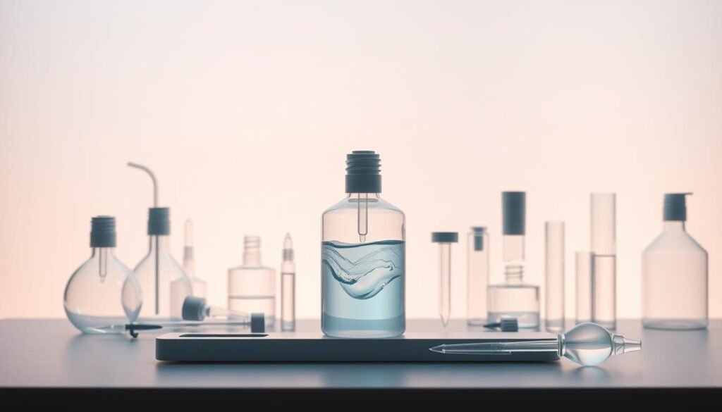 A sleek, minimalist laboratory setup against a soft, diffused backdrop. In the foreground, a transparent glass beaker filled with a luminescent serum, its contents swirling gently. Surrounding it, an array of clean, geometric scientific instruments - pipettes, test tubes, and futuristic-looking devices. The lighting is cool and indirect, casting subtle shadows that accentuate the simple, elegant forms. The overall mood is one of precision, innovation, and a reverence for the natural world. This image conveys the intersection of advanced technology and the pursuit of pure, sustainable skincare.