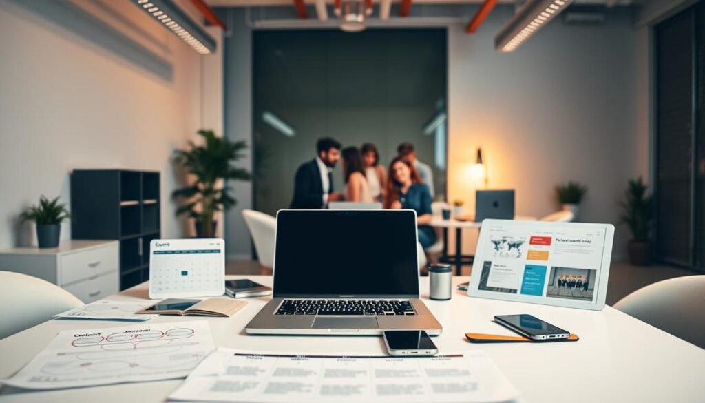 A sleek, minimalist office setting with a central table showcasing a laptop, smartphone, and various automation tools. The foreground features a strategically placed content calendar and workflow diagrams, hinting at the systematized approach to content creation. The middle ground depicts a team of digital creators collaborating, their expressions focused and determined. The background is illuminated by warm, directional lighting, creating a sense of productivity and efficiency. The overall atmosphere conveys a seamless, AI-powered content automation strategy in action.