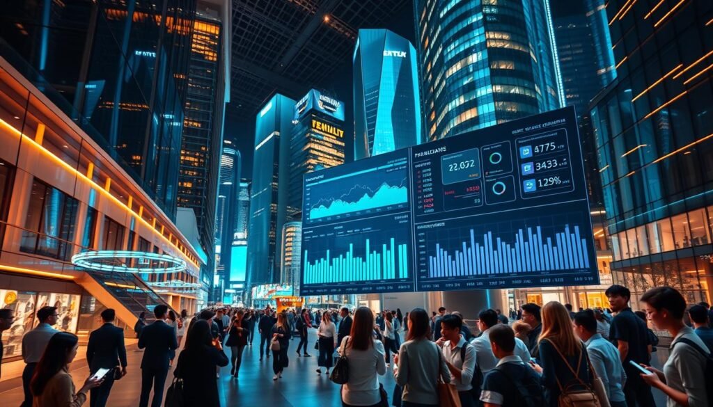 A sleek, modern financial technology hub with gleaming skyscrapers in the background, a busy city street in the foreground bustling with people using their smartphones and tablets, and in the middle ground, a large digital display showcasing a dynamic financial dashboard with real-time data and charts. The scene is bathed in a warm, ambient lighting that accentuates the futuristic, tech-savvy atmosphere. The overall composition conveys a sense of progress, innovation, and the seamless integration of finance and technology.