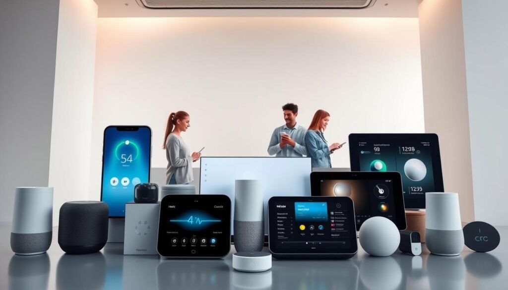 A sleek, modern interior with a minimalist design aesthetic. In the foreground, an array of virtual assistant devices - smart speakers, displays, and hubs - arranged in a visually striking composition. Each device has a distinct user interface, showcasing various control schemes, visual representations, and interactive elements. The middle ground features users interacting with the assistants, their expressions and body language conveying a sense of intuitive, seamless engagement. The background has a soft, ethereal quality, with subtle lighting that creates a sense of depth and atmosphere. The overall scene exudes a sense of technological sophistication, user-centric design, and the future of voice-controlled, AI-powered home assistants.