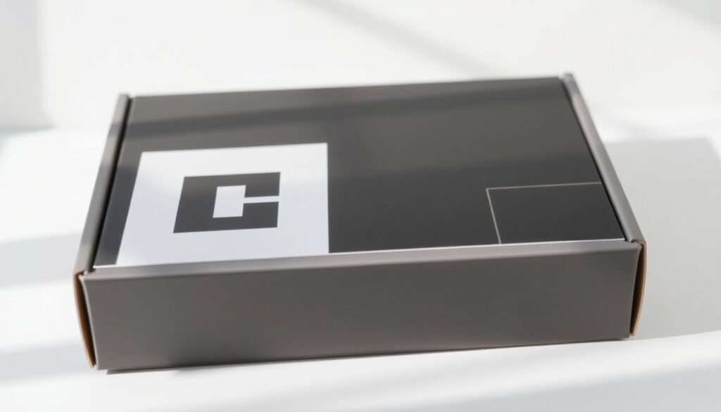 A sleek, modern subscription box design with a minimalist aesthetic. The box features a clean, simple layout with a bold, eye-catching graphic or logo on the front. The design incorporates a neutral color palette, such as black, white, and shades of gray, with pops of a secondary accent color to create visual interest. The box has a sturdy, high-quality construction with a matte or satin finish, suggesting a premium, luxury product. The overall design conveys a sense of sophistication and exclusivity, reflecting the thoughtful curation of the subscription contents. Soft, natural lighting illuminates the box, highlighting its elegant, understated charm.