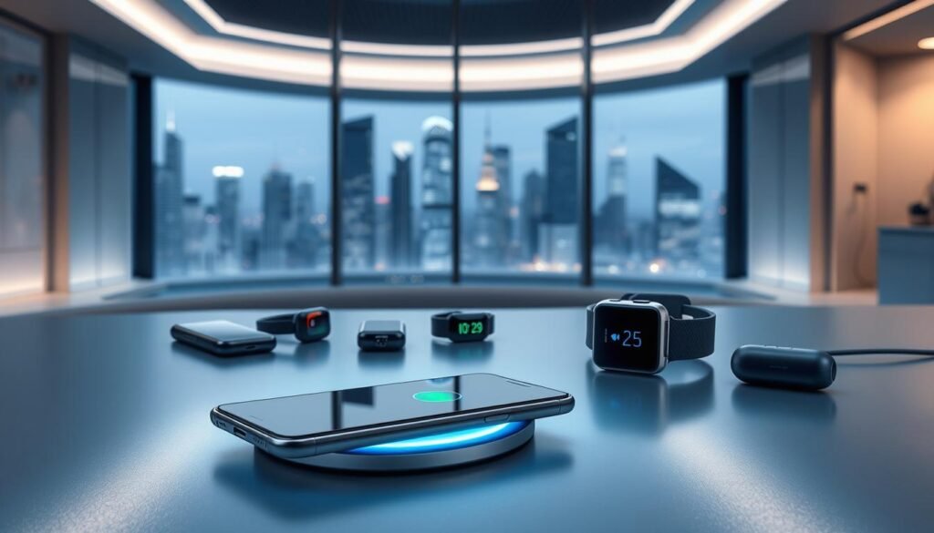 A sophisticated high-tech scene of wireless charging devices. In the foreground, a sleek smartphone rests on a minimalist wireless charging pad, glowing with an ethereal blue energy field. In the middle ground, various electronic gadgets like smartwatches and earbuds are charging wirelessly, their charging indicators pulsing rhythmically. The background features a futuristic interior with clean lines, subdued lighting, and a panoramic window overlooking a cityscape of towering skyscrapers. The overall atmosphere is one of modern, efficient, and seamless wireless power technology.