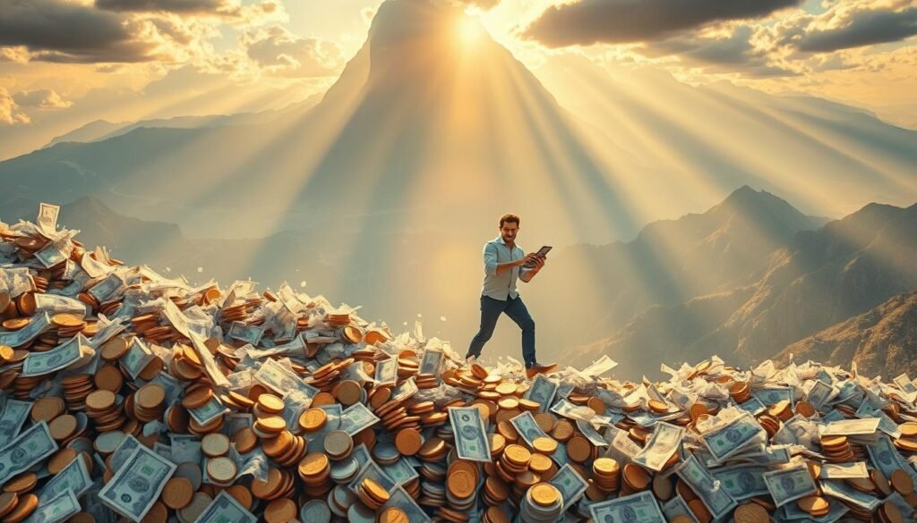 A sprawling visual landscape showcasing the "Avalanche Method" for debt management. In the foreground, an avalanche of coins and bills cascades down, representing the accelerated payoff of debts from smallest to largest. The middle ground features a person confidently navigating through the financial storm, wielding a calculator and spreadsheet, symbolizing the strategic approach. In the background, a mountainous vista with rays of sunlight breaking through, signifying the bright financial future achieved through this efficient debt reduction technique. Warm, golden lighting illuminates the scene, creating a sense of hope and progress. Captured with a wide-angle lens to convey the comprehensive nature of this debt management strategy.