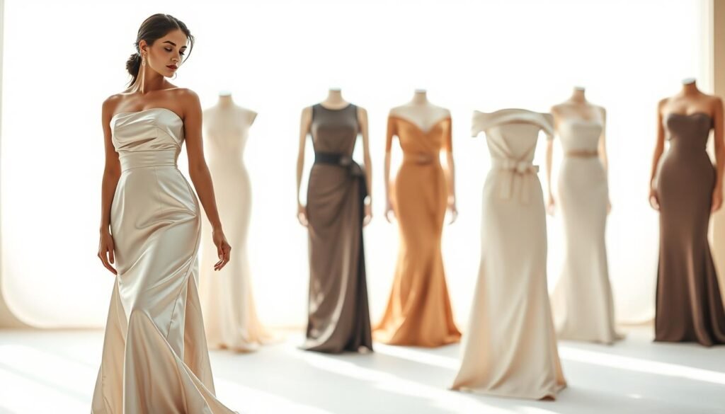 A stunning fashion editorial featuring a collection of elegant hourglass figure dresses. In the foreground, a graceful model poses in a flowing, satin gown with a cinched waist and flared skirt, accentuating her feminine curves. The middle ground showcases a variety of figure-flattering silhouettes, including a sleek, off-the-shoulder dress and a structured, belted sheath. The background is softly blurred, creating a dreamlike, high-fashion atmosphere with gentle, warm lighting and a neutral color palette that complements the dresses. The overall mood is one of sophisticated, timeless style.