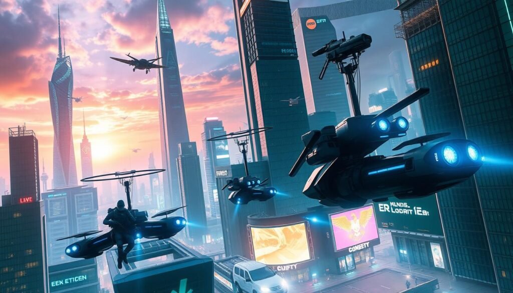 A thrilling sci-fi action scene in a futuristic city skyline, showcasing the latest in high-tech gadgets and advanced weaponry. In the foreground, a team of elite commandos rappels from sleek hovercrafts, their tactical gear glowing with blue energy pulses. In the middle ground, skyscrapers of gleaming glass and steel reach towards a vibrant, neon-infused sky, punctuated by holographic billboards and flying vehicles. The background features a towering metropolis, its streets bustling with the promise of new frontiers and cutting-edge technologies. The overall atmosphere is one of excitement, danger, and the thrill of the unknown, capturing the essence of the next generation of action and adventure shows.
