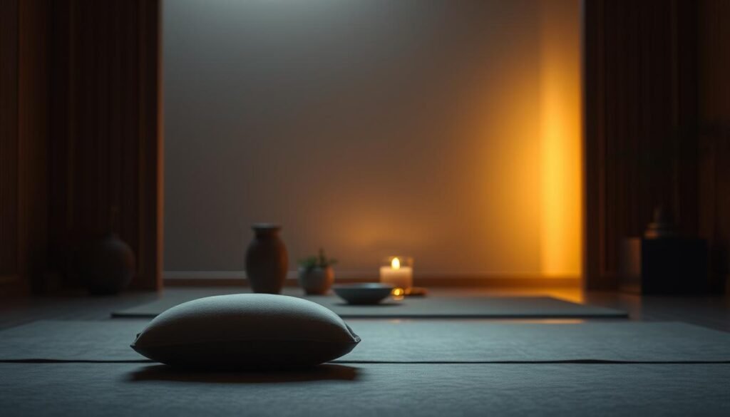 A tranquil, dimly-lit room with a serene, meditative atmosphere. In the foreground, a comfortable cushion or meditation mat invites the viewer to sit and practice breathwork. The middle ground features a few simple, natural elements like a candle, a small water fountain, or a plant, creating a calming, minimalist aesthetic. The background is softly blurred, evoking a sense of privacy and focus. Warm, diffused lighting from a hidden source casts a gentle glow, promoting a sense of introspection and relaxation. The overall composition conveys a sense of solace and mindfulness, reflecting the challenges and benefits of breathwork practices.