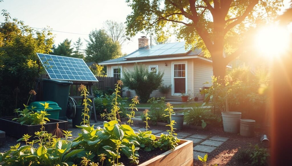 A tranquil, sun-dappled backyard oasis showcasing sustainable living tips. In the foreground, a raised garden bed overflows with thriving organic vegetables and herbs. A compost bin sits nearby, hinting at eco-friendly waste management. In the middle ground, a small solar panel system powers a modest home with clean energy. Surrounded by lush, native plants, the scene exudes a sense of harmony between nature and modern, sustainable living. Warm, soft lighting filters through the trees, creating a peaceful, inviting atmosphere. The overall composition emphasizes the beauty and simplicity of sustainable, budget-friendly choices.