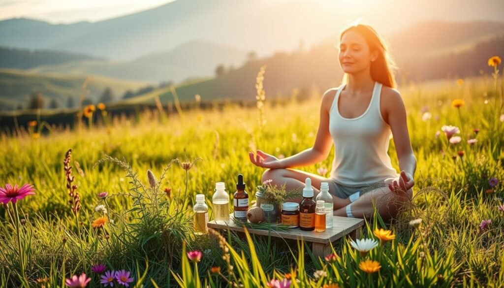 A tranquil, sun-dappled meadow with lush grass and vibrant wildflowers. In the foreground, a person sits cross-legged, deep in meditation, their face serene and focused. Surrounding them, various medicinal herbs and plants are carefully arranged, their leaves and petals softly illuminated by the warm, golden light. In the middle ground, a small table holds an array of holistic remedies and self-care tools, reflecting the individual's dedication to managing their chronic condition through natural and mindful practices. The background features rolling hills and a distant forest, conveying a sense of harmony and balance within the natural world.