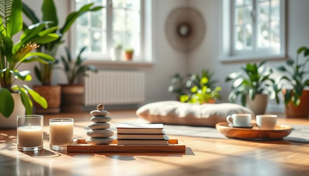 A tranquil wellness space, bathed in soft natural light filtering through large windows. In the foreground, an array of self-care tools - a scented candle, a stone diffuser releasing calming essential oils, a stack of mindfulness journals, and a wooden tray holding herbal teas. In the middle ground, a plush, inviting meditation cushion rests on a polished hardwood floor, surrounded by lush, verdant potted plants. The background features minimalist, soothing wall decor, hinting at a serene and restorative ambiance. This holistic, zen-inspired scene evokes a sense of balance, rejuvenation, and inner peace.