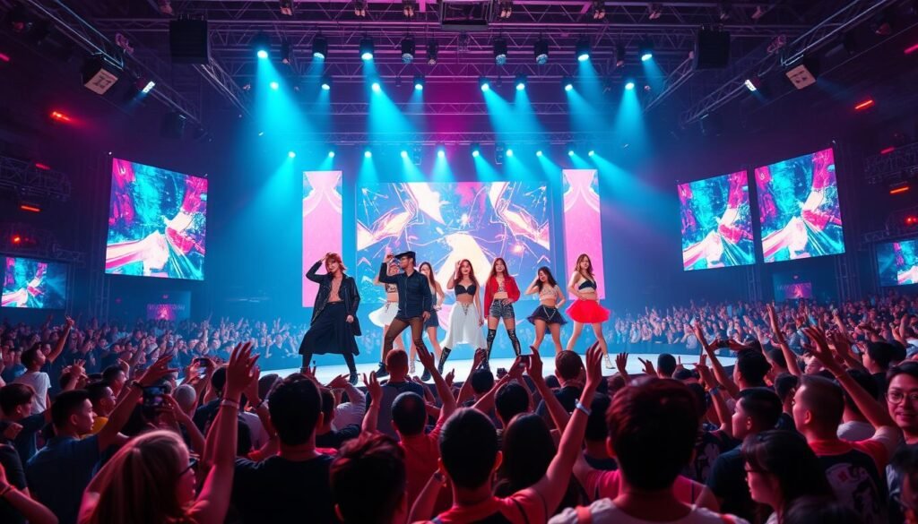 A vast, energetic crowd of diverse fans from across the globe, captivated by the electric performance of a celebrated K-pop group on a grand, state-of-the-art stage. The performers, dressed in striking, high-fashion outfits, command the spotlight with their synchronized, dynamic dance moves and captivating stage presence. Neon-lit backdrops, large LED screens, and a pulsing, vibrant atmosphere create a sense of immersion and excitement. The scene conveys the true global phenomenon of K-pop, transcending cultural boundaries and captivating audiences worldwide with its infectious energy, meticulous production, and universal appeal.