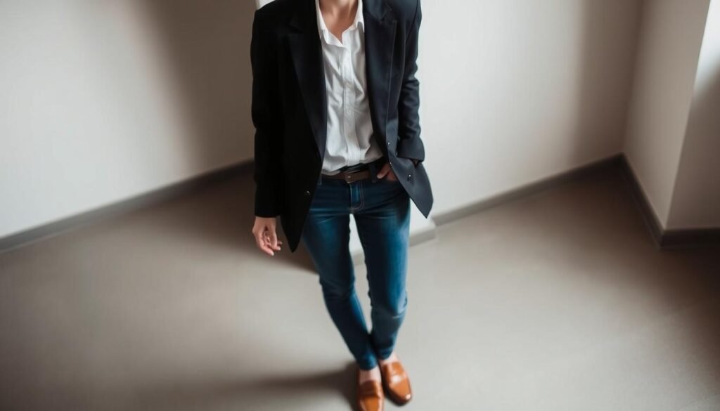 A versatile outfit consisting of a sleek, tailored black blazer with subtle metallic accents, paired with a crisp white button-down shirt. The ensemble is completed by slim-fit, high-waisted denim pants in a classic indigo wash, along with a pair of minimalist leather loafers in a rich cognac hue. The lighting is soft and diffused, creating a warm, inviting atmosphere that showcases the outfit's timeless elegance and effortless style. The camera angle is slightly elevated, capturing the outfit from a slightly downward perspective to emphasize the overall balanced and harmonious composition.