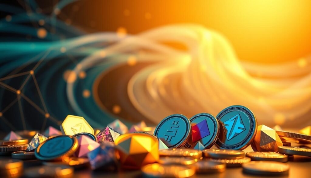 A vibrant and dynamic composition showcasing the evolving landscape of stablecoins. In the foreground, a collection of shimmering, geometric cryptocurrency tokens in a variety of pastel hues, arranged in a visually striking formation. In the middle ground, a swirling, ethereal backdrop of shifting gradients and abstract patterns, symbolizing the fluid and ever-changing nature of the digital asset market. The background is bathed in a warm, golden glow, creating a sense of stability, security, and technological advancement. The lighting is soft and diffused, lending an air of sophistication and sophistication to the scene. Captured through a wide-angle lens, the composition conveys a sense of depth and scale, hinting at the growing importance and mainstream adoption of stablecoins in the evolving world of cryptocurrency.