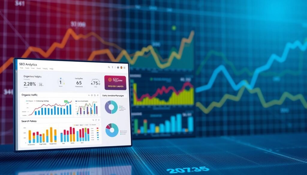 A vibrant, data-driven visualization of SEO analytics. In the foreground, a sleek, minimalist dashboard displays key metrics like organic traffic, search rankings, and keyword performance. The middle ground features visualization tools like colorful line graphs, pie charts, and interactive visualizations. In the background, a subtle grid pattern suggests the complex, interconnected nature of SEO data. The overall mood is one of clarity and insight, with a clean, modern aesthetic that reflects the cutting-edge nature of SEO analytics in 2025.