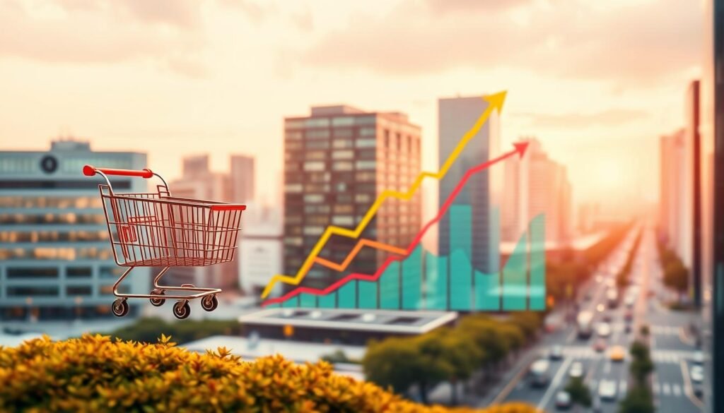 A vibrant digital landscape showcasing the growth potential of e-commerce. In the foreground, a stylized shopping cart icon floats, reflecting the seamless integration of online sales and digital marketing. The middle ground features a dynamic graph charting the upward trajectory of e-commerce revenue, with bold colors and sleek infographic elements. In the background, a cityscape of modern buildings and bustling streets suggests the thriving urban environment that supports thriving online businesses. Warm, directional lighting casts a sense of energy and optimism, while a shallow depth of field focuses the viewer's attention on the key elements. The overall composition conveys the transformative power of leveraging e-commerce to drive business growth.