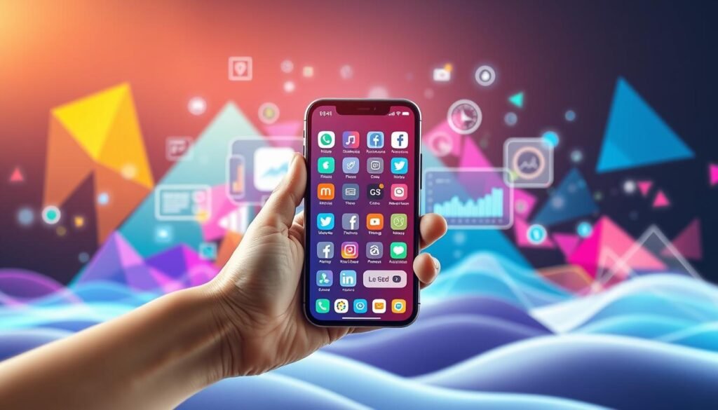 A vibrant digital landscape, with a central focus on a smartphone display showcasing various social media app icons and analytics dashboards. The foreground features a stylized hand holding the device, against a backdrop of colorful geometric shapes, dynamic data visualizations, and subtle lighting effects that convey a sense of technological innovation and digital engagement. The middle ground includes icons, graphs, and other UI elements that suggest the tools and strategies of modern social media marketing. The background should have a clean, minimalist aesthetic with subtle gradients and textures to create depth and a modern, professional atmosphere.