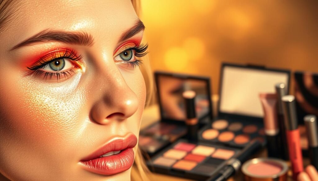 A vibrant, sun-kissed summer eye makeup scene with a focus on the latest trends. In the foreground, a close-up of a model's face showcases a blend of shimmering gold and coral eyeshadows, accentuated by long, fluttering lashes and a subtle, radiant glow. The middle ground features a varied assortment of trendy makeup products - palettes, liners, and mascaras in a range of summery hues. The background is a soft, blurred bokeh of warm, golden tones, evoking a sun-drenched, natural ambiance. Warm, directional lighting casts gentle shadows, highlighting the contours of the model's face and creating a sense of depth and dimension. Captured with a shallow depth of field for a professional, editorial-style aesthetic.