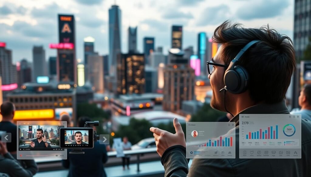 A vibrant video promotion strategy unfolds in a dynamic urban setting. In the foreground, a social media influencer captivates the audience with their engaging presentation, the camera capturing their charismatic delivery in crisp high definition. In the middle ground, a bustling city skyline serves as a lively backdrop, with skyscrapers and neon signage conveying a sense of energy and innovation. Soft, diffused lighting casts a warm glow, creating an inviting and professional atmosphere. In the background, a montage of video thumbnails, analytics dashboards, and social media icons suggest the strategic underpinnings of a well-executed video marketing campaign. The overall scene radiates a compelling blend of creativity, technology, and effective promotion.