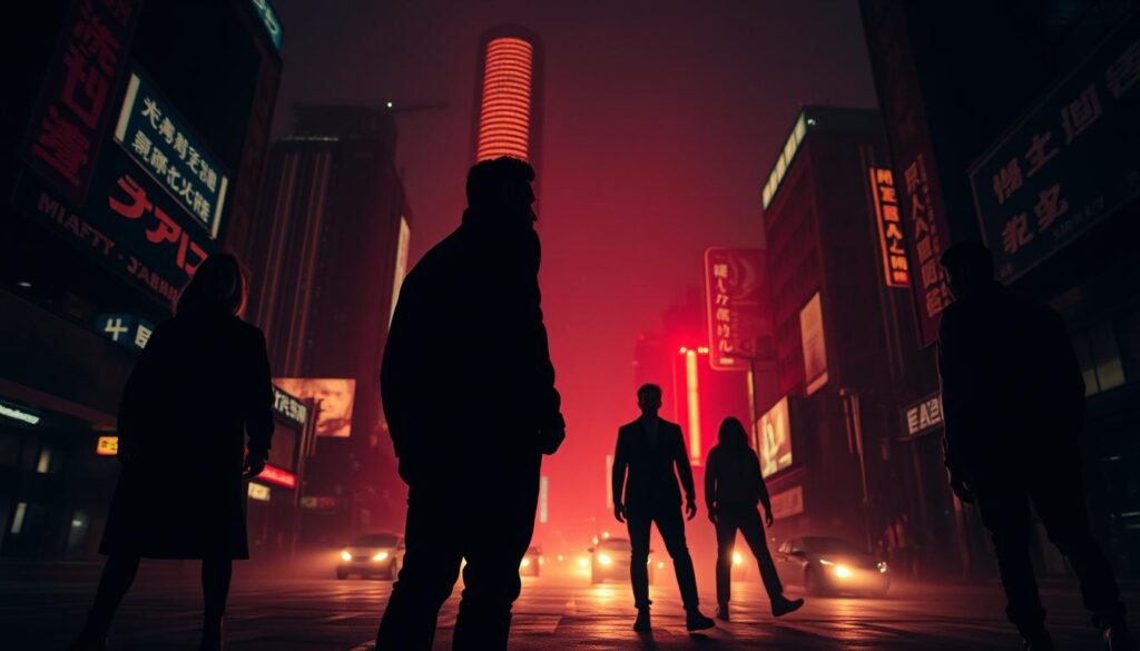 A visually striking and conceptually bold TV series, its characters and settings depicted with striking realism and cinematic flair. A moody, atmospheric scene shows the silhouettes of the lead actors against a backdrop of dynamic cityscape, neon-tinged and shrouded in shadows. Dramatic lighting casts dramatic shadows, creating a sense of mystery and intrigue. The camera angle is low and wide, lending a sense of scope and grandeur to the image. The overall mood is one of innovation, pushing the boundaries of the medium and challenging traditional narratives.