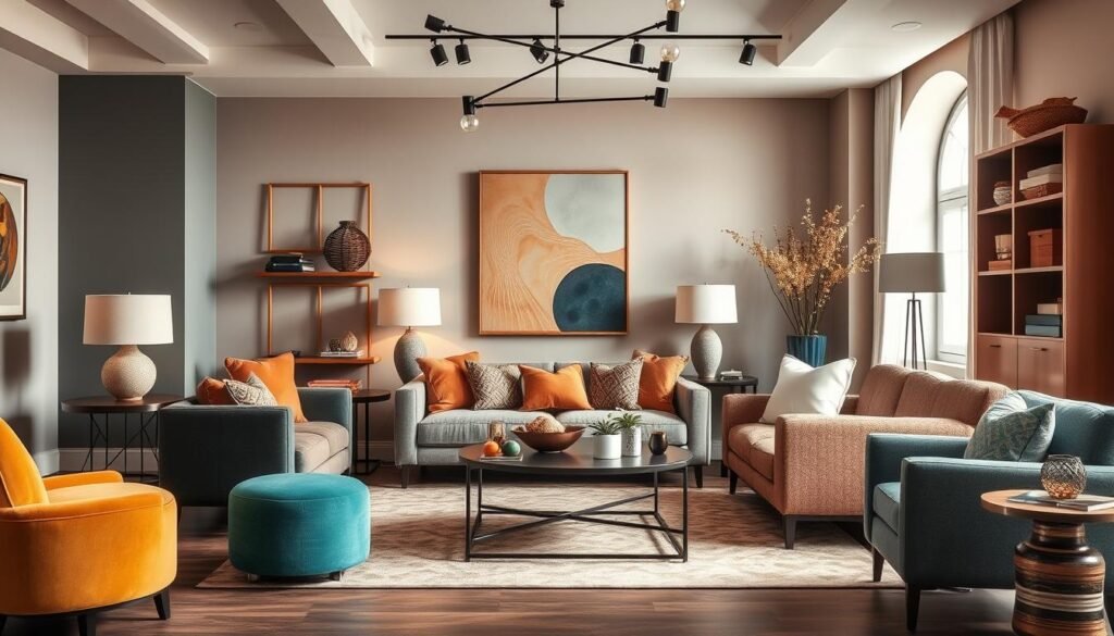 A vivid and elegantly composed array of color palettes and design schemes for modern home decor. A harmonious foreground displays a curated selection of complementary color combinations, textures, and patterns across furniture, furnishings, and accents. The middle ground showcases sophisticated color-coordinated wall art, lighting fixtures, and decorative elements that elevate the space. The background gently blends soft, muted tones and natural materials that create a warm, inviting ambiance. Masterfully lit to highlight the refined aesthetic, the image conveys a sense of timeless sophistication and elevated style.