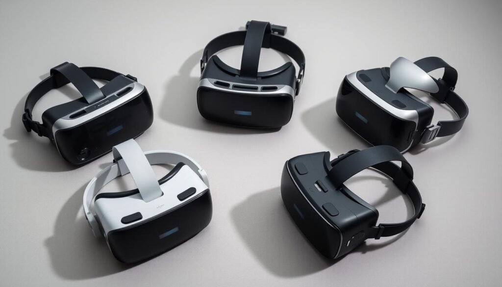 A well-lit, angled comparison of several budget-friendly VR headsets resting on a neutral background. The headsets are displayed from multiple angles, showcasing their design, controls, and visual fidelity. Soft shadows and balanced lighting highlight the key features of each model, allowing the viewer to discern the nuances between the available options. The scene conveys a sense of considered evaluation, guiding the viewer towards an informed decision on the best VR headset to suit their needs and budget.