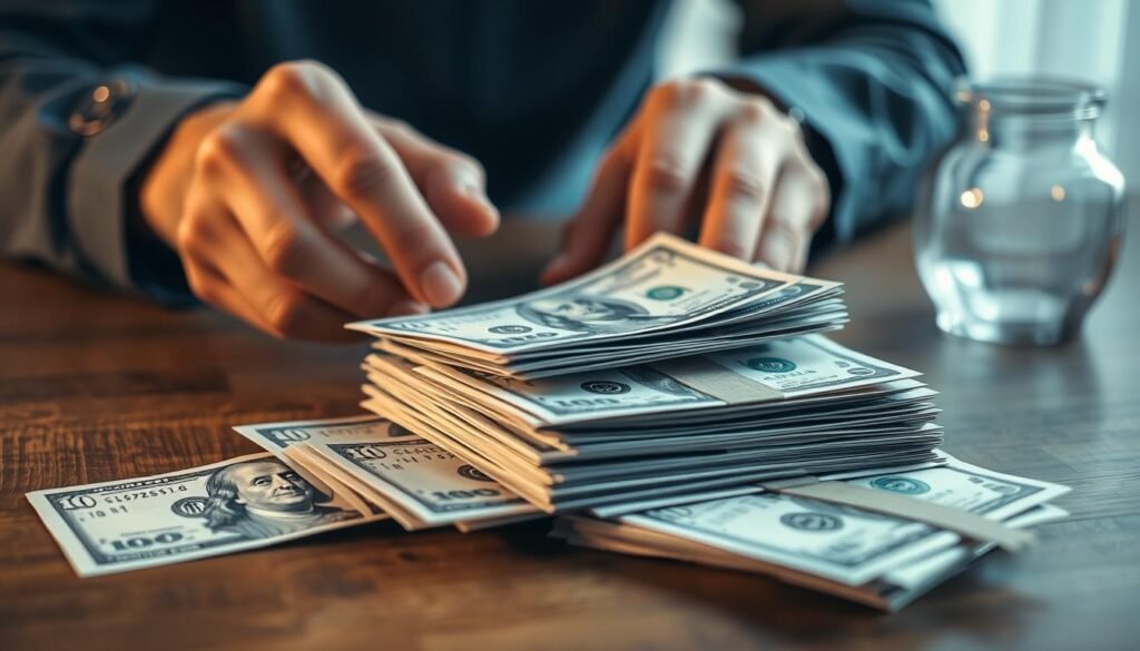 A well-lit, close-up view of a person's hands carefully counting and stacking crisp dollar bills on a wooden table. The bills are in neat piles, suggesting a methodical approach to money management. In the background, a simple but elegant glass jar or piggy bank stands as a symbol of savings. The overall mood is one of focus, discipline, and financial prudence, reflecting a millionaire's mindset towards accumulating wealth through effective saving techniques.