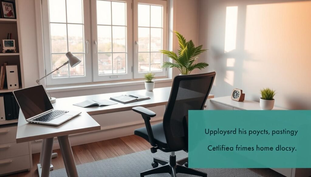 A well-lit, detailed home office setup with a modern desk, ergonomic chair, and minimal decor. On the desk, a laptop, a planner, and a few financial documents neatly organized. A large window in the background casts a warm, natural light, creating a sense of calm and focus. A small potted plant adds a touch of life to the scene. The overall atmosphere is one of organization, productivity, and a thoughtful approach to personal finance.