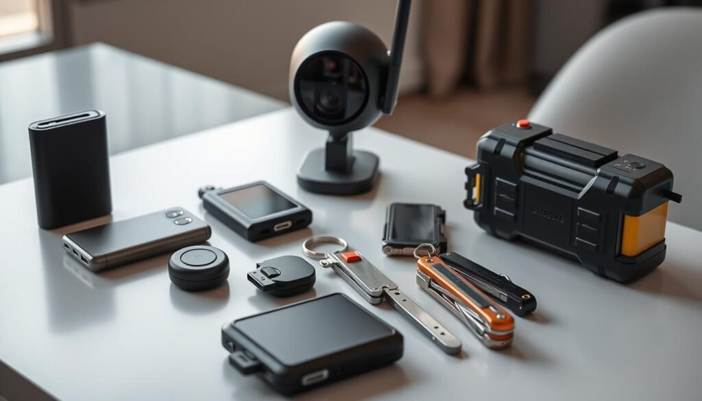 A well-lit, high-resolution image of an assortment of safety gadgets for digital nomads, arranged on a sleek, modern table. In the foreground, a portable power bank, a compact GPS tracker, and a durable phone case with RFID-blocking capabilities. In the middle ground, a slim, keychain-sized personal alarm and a compact, multi-tool with emergency features. In the background, a high-tech wireless security camera and a rugged, weatherproof backup battery pack. The overall scene conveys a sense of preparedness, functionality, and a minimalist aesthetic suitable for the modern, tech-savvy digital nomad.