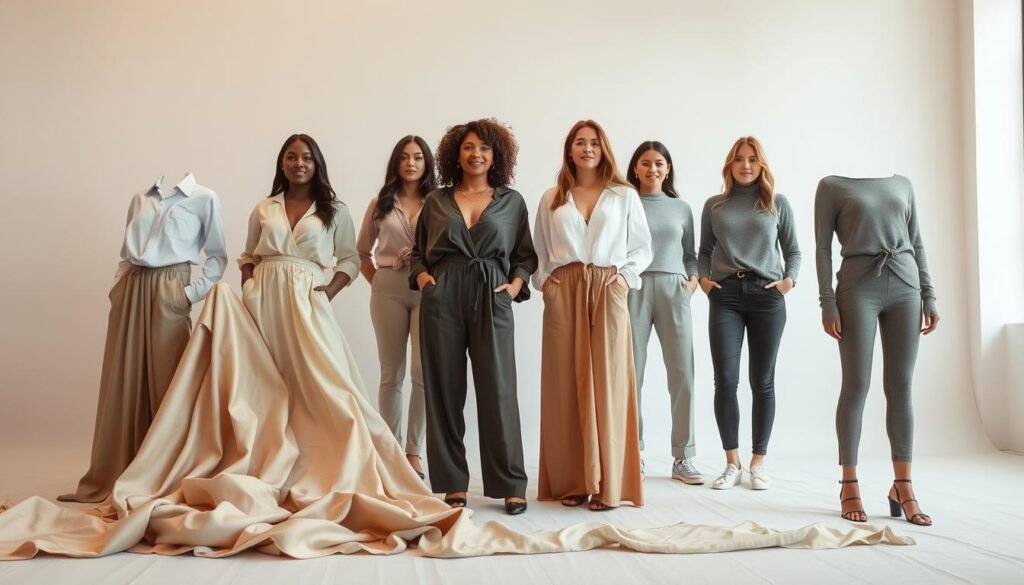 A well-lit, high-resolution image showcasing various fabrics suitable for different body types. In the foreground, a display of diverse fabrics, including structured cotton, flowy chiffon, smooth satin, and stretchy knits, arranged in a visually appealing manner. In the middle ground, models of different shapes and sizes, each wearing an outfit made from the featured fabrics, highlighting how the materials complement and flatter their unique figures. The background is a neutral, minimalist setting, allowing the fabrics and models to take center stage. The lighting is soft and diffused, creating a warm, inviting atmosphere that emphasizes the tactile qualities of the textiles. The overall composition is balanced, with a clean and sophisticated aesthetic that inspires confidence in dressing for one's body type.