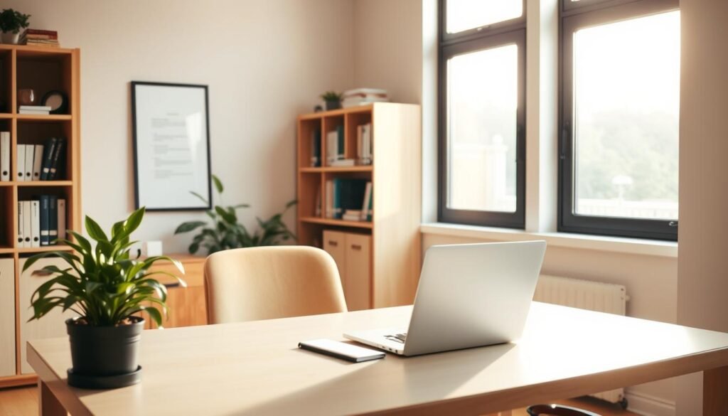 A well-organized home office with a tidy desk, a laptop, and a potted plant. The room is bathed in warm, natural lighting from a large window, casting a soft glow on the scene. The walls are a soothing neutral tone, and a bookshelf in the background holds financial books and documents. A sense of calm and control pervades the space, conveying the idea of financial health and responsible money management. The overall mood is one of productivity, organization, and financial stability.