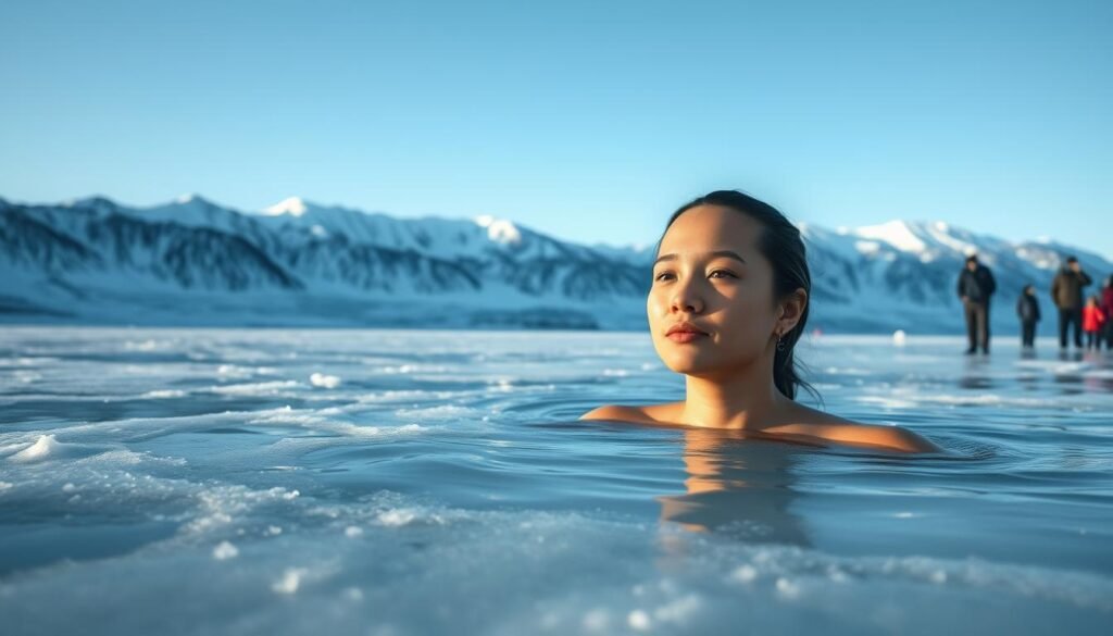 A wintry landscape with a person immersed in a frozen lake, their face serene and calm. In the background, a snow-capped mountain range glimmers under a crisp, clear sky. Nearby, a group of people stand in awe, watching the scene unfold. The lighting is natural and diffused, casting a soft, ethereal glow over the entire setting. The camera angle is slightly elevated, capturing the essence of the cold exposure wellness trend in a visually striking and contemplative manner.