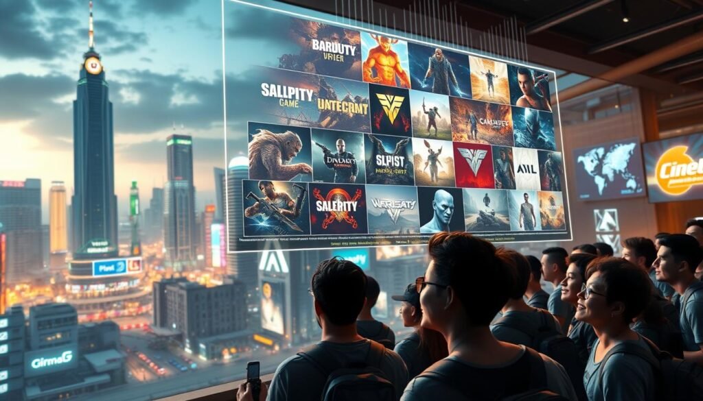 Cinematic 3D render of the video game industry, with a dynamic cityscape in the background featuring towering skyscrapers, neon lights, and bustling streets. In the foreground, a group of gamers gathered around a large display, immersed in the latest AAA title, their expressions animated and captivated. Overhead, a holographic projection showcases a montage of upcoming game releases, their logos and trailers flickering and pulsing with energy. The scene is bathed in a warm, futuristic glow, with light beams and subtle lens flares adding to the sense of technological advancement and innovation.