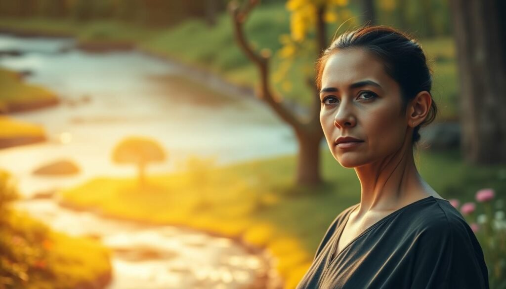 Emotional intelligence flows like a gentle stream, rippling with empathy and self-awareness. In the foreground, a figure stands tall, their face a tapestry of nuanced expressions - contemplation, compassion, and resilience. The middle ground features a vibrant, organic landscape, with trees and flowers symbolic of personal growth and emotional maturity. The background is a warm, golden glow, evoking a sense of inner peace and clarity. Soft, diffused lighting casts a dreamlike quality, as if the viewer is witnessing a moment of profound self-reflection. The scene is captured through a wide-angle lens, inviting the viewer to immerse themselves in the transformative power of emotional intelligence.