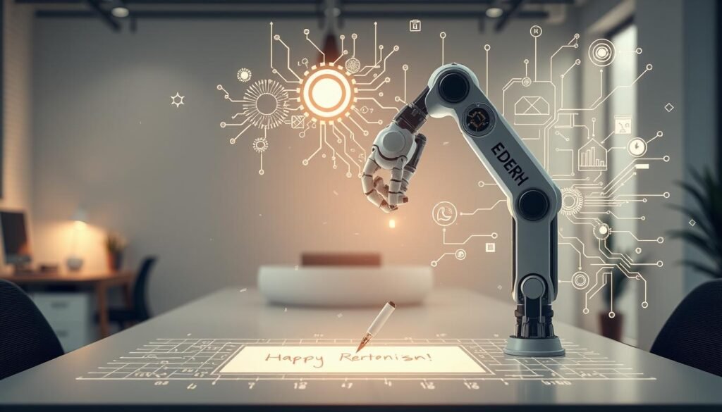 Intricate circuits and abstract symbols dance across a digital canvas, as an AI-powered robotic arm delicately composes a personalized message. Soft, ambient lighting bathes the scene, creating a sense of thoughtful contemplation. In the background, a sleek, minimalist office space sets the stage, hinting at the integration of artificial intelligence into the modern work environment. The composition conveys the power of AI to personalize and enhance customer interactions, blending cutting-edge technology with a touch of human touch.