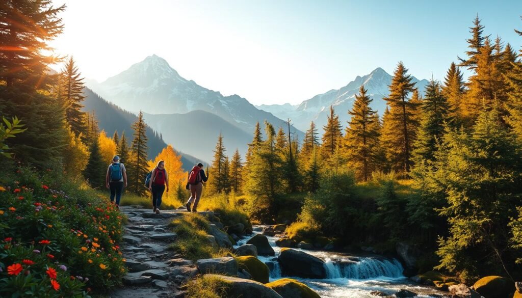 Majestic mountains rise in the distance, their snow-capped peaks piercing the azure sky. A rugged trail winds through a lush, verdant forest, dotted with vibrant wildflowers. In the foreground, a group of adventurers traverse the path, backpacks slung over their shoulders, faces alight with excitement. The warm, golden sunlight filters through the canopy, casting a magical glow upon the scene. A rushing river cascades over mossy rocks, its gentle murmur punctuating the tranquil atmosphere. The entire composition conveys a sense of boundless exploration, the thrill of discovering new horizons, and the pure joy of immersing oneself in the great outdoors.