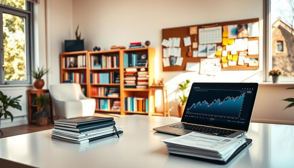 Prompt A spacious home office with natural light streaming through large windows. In the foreground, a laptop and a stack of financial documents sit on a sleek, minimalist desk. On the desk, a digital tablet displays a graph of stock market data. In the middle ground, a bookshelf filled with finance and investment books. In the background, a wall-mounted bulletin board displays sticky notes, charts, and financial calendars. The overall atmosphere is one of focused productivity, with a touch of modern, sophisticated style.