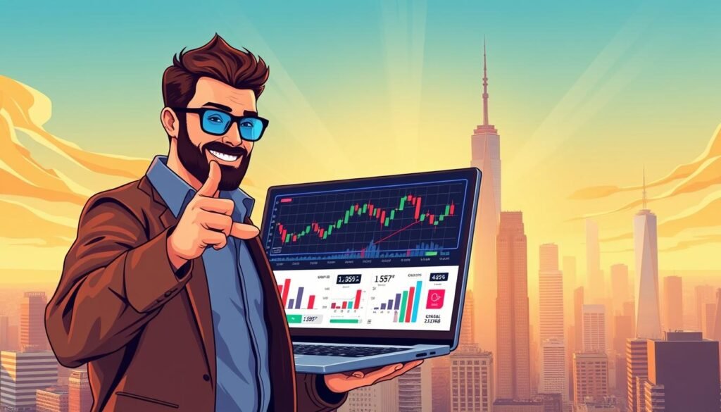 Prompt A vibrant, richly-detailed illustration of stock market tips for new investors. In the foreground, a confident trader gesturing towards a stock chart on a laptop screen, surrounded by graphs, financial data, and colorful infographics. In the middle ground, a dynamic cityscape with towering skyscrapers and bustling financial district. The background features a warm, golden-hued sky with subtle rays of light, conveying a sense of optimism and opportunity. The lighting is natural and directional, creating depth and highlighting the key elements. The overall composition is balanced and visually striking, drawing the viewer's attention to the core subject matter.