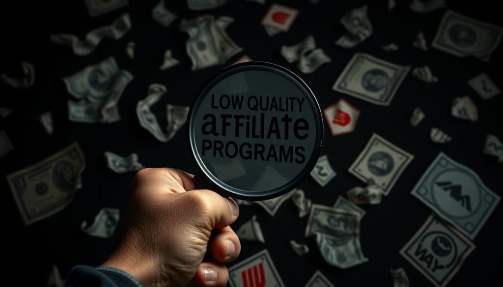 high-contrast digital illustration of a hand holding a magnifying glass examining low-quality affiliate marketing programs, with crumpled dollar bills and cheap-looking logos scattered in the background, creating a sense of disappointment and missed opportunities, shot from a low angle with dramatic lighting and a dark, ominous color palette to convey the cautionary tone of the article section "Selecting Low-Quality Affiliate Programs"
