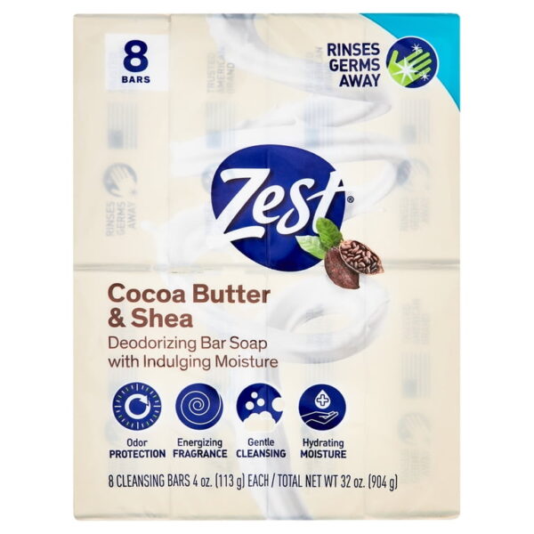 Zest Cocoa Butter & Shea Bar Soap 8 Bars Packaging Front